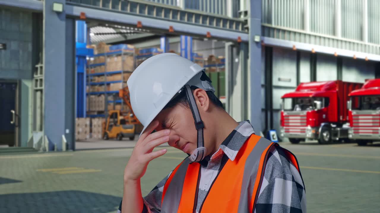 Close Up Side View Of Asian Male Engineer With Safety Helmet Having A Headache While Working , Outside of Logistics Distributions Warehouse