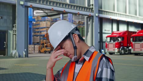 close up side view of asian male engineer with safety helmet having a headache while working , outside of logistics distributions warehouse