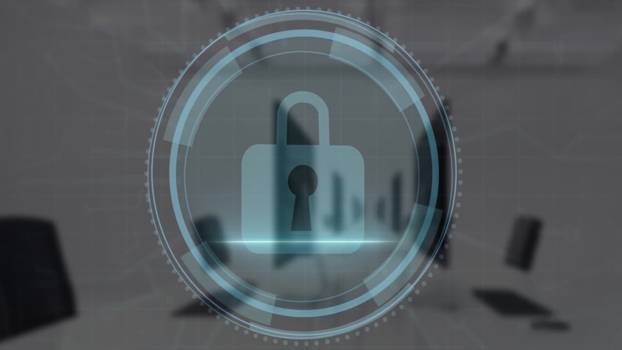 icono de cerradura con animación de seguridad digital sobre el fondo de la sala de conferencias de la oficina