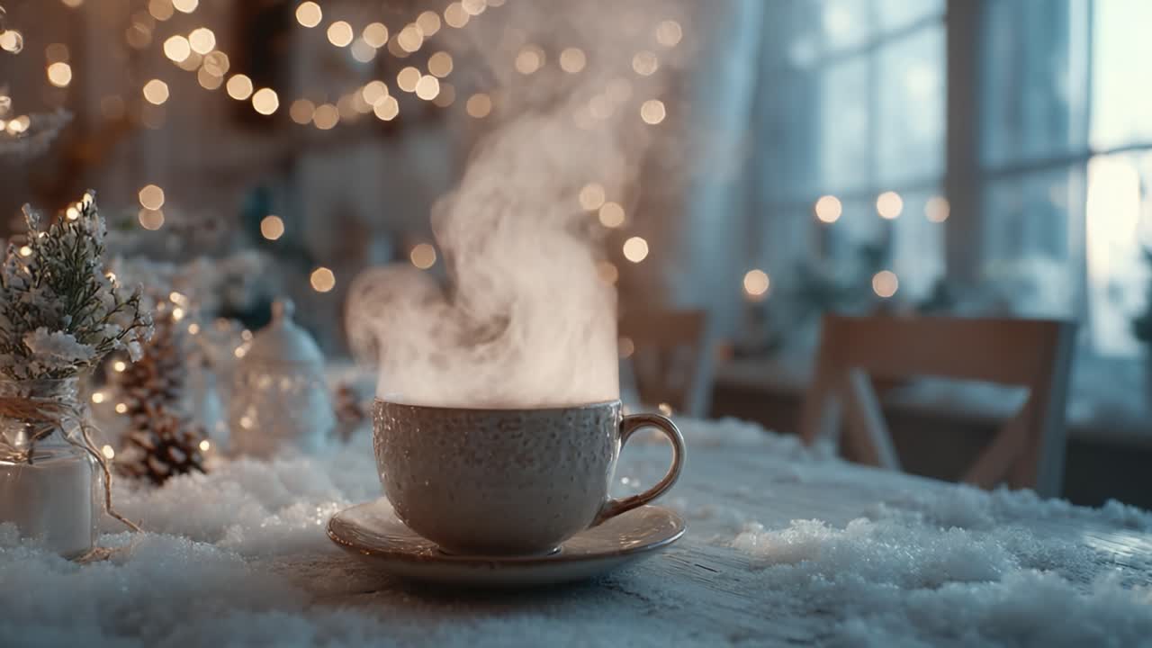 A Serene Encounter with a Steaming Cup of Coffee in a Cozy Winter Wonderland Setting, Surrounded by Soft, Floating Steam and Softly Glowing Lights