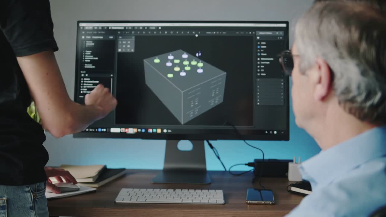 Model opening standing dev in black using mouse moving cube on monitor at desk showing senior