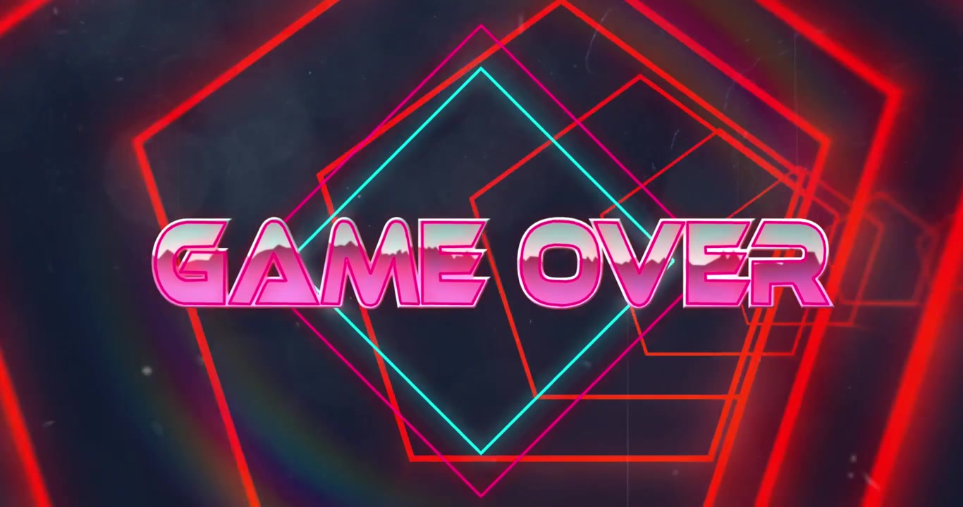 Animazione del testo "game over" su forme al neon su sfondo nero