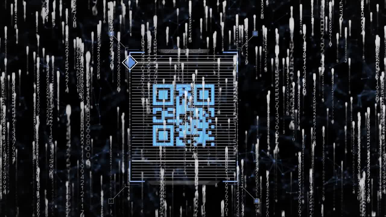 Animation of qr code and data processing over dark background