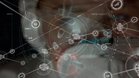 animation of network of connections with scope scanning, vaccine and covid 19 cells