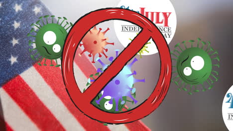 animation of no entry sign over the 4th of july text, covid 19 cells and american flag