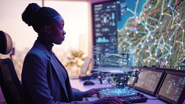 A professional woman operates advanced drone technology, analyzing data on multiple screens while overseeing aerial operations from a modern control center.