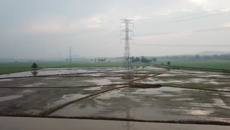 Vuele-Hacia-La-Torre-Eléctrica-En-Un-Campo-De-Arroz-De-Humedal-Fangoso.