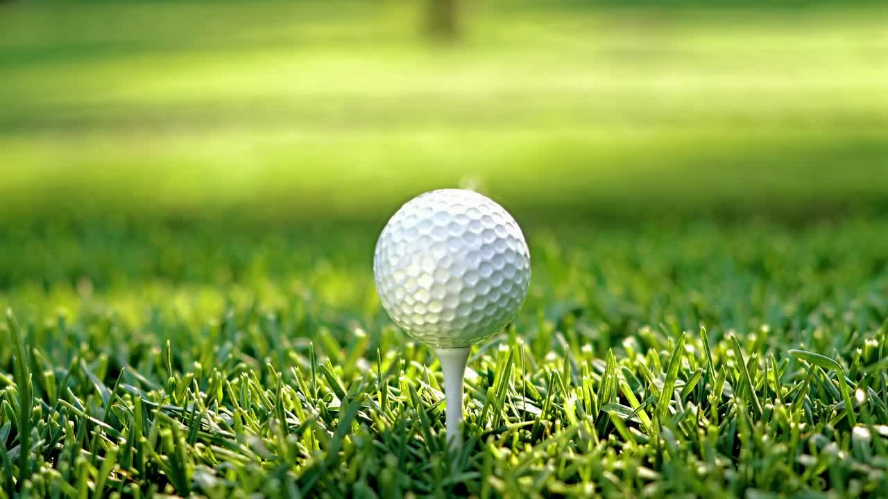 Close-up van een golfbal op een tee in weelderig gras, vastgelegd vanuit een lage hoek