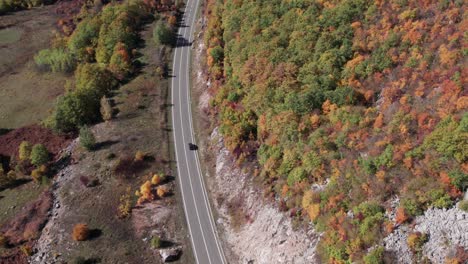 Car-traveling-on-endless-road-through-mountainous-forest-landscape,-aerial