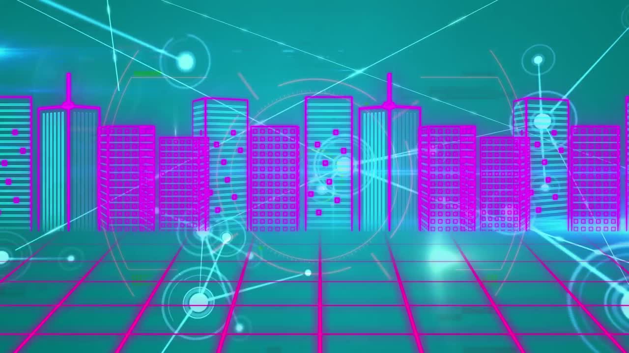 Animation of 3d neon urban financial city on grids with network connecting dots on digital interface