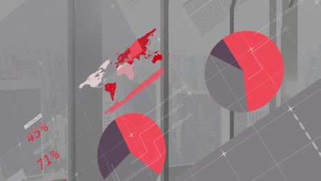 overlaying cityscape, abstract geometric patterns and data lines creating animation effect