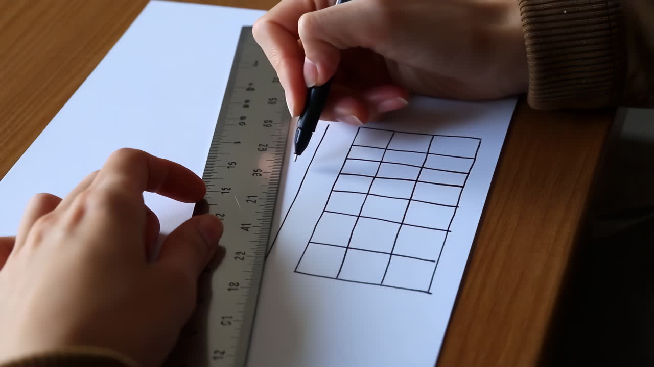 Close-up of Hands Drawing a Grid with a Ruler and Pen on White Paper