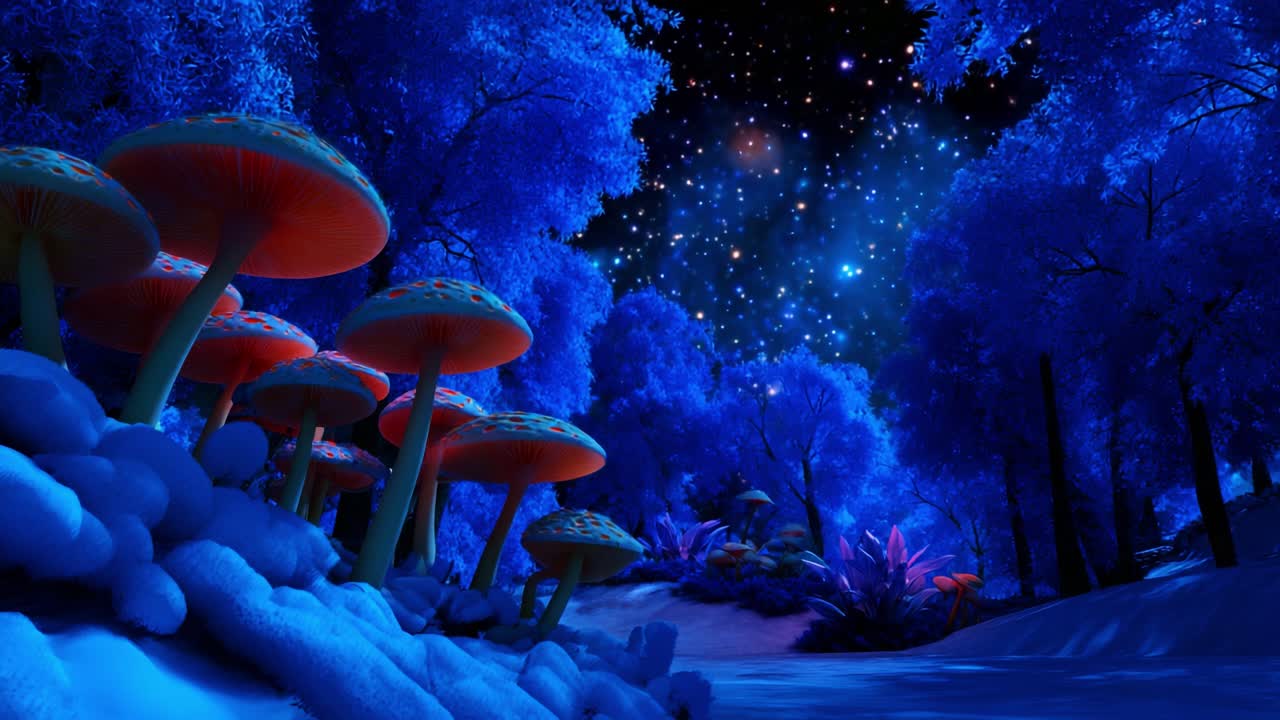 Una vista fantastica di una foresta onirica avvolta in un'incantevole tonalità blu, con funghi luminosi e un cielo stellato, crea una magica atmosfera di meraviglia e tranquillità