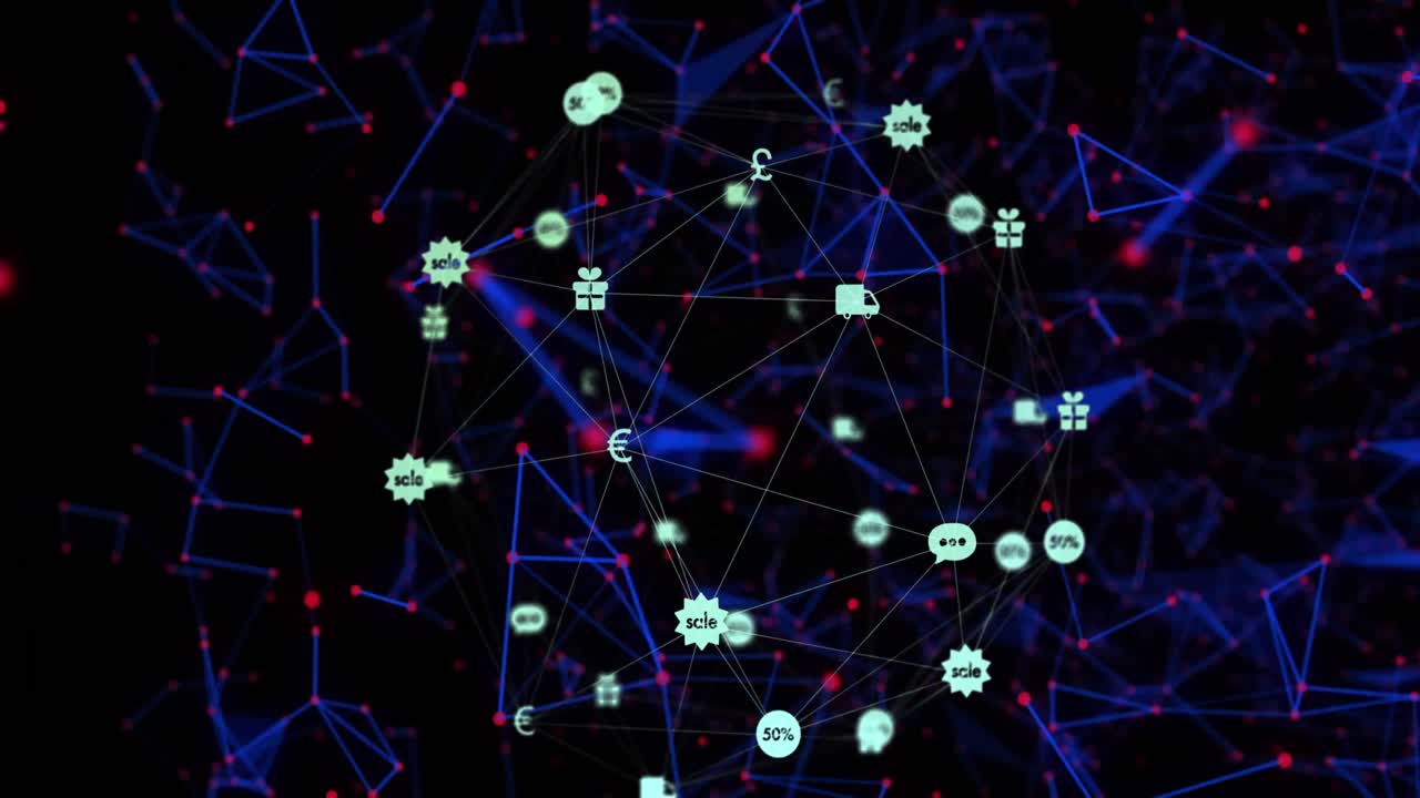 animación de la red de conexiones con iconos en fondo negro