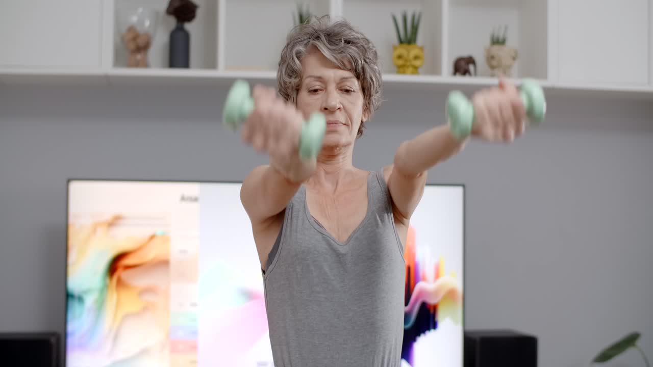 Senior Woman Exercising at Home with Dumbbells