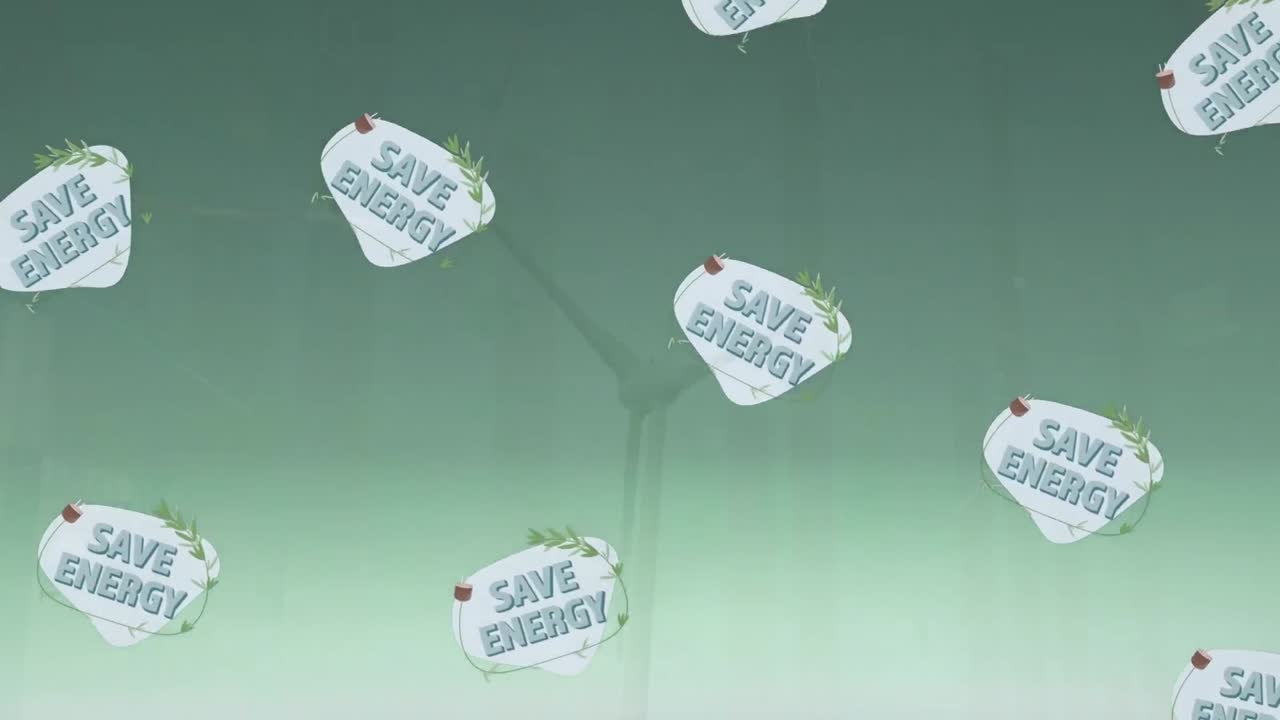 풍력 터빈 위에 아이콘이 있는 에너지 절약 텍스트의 애니메이션