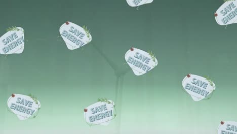 animation of save energy text with icons over wind turbine