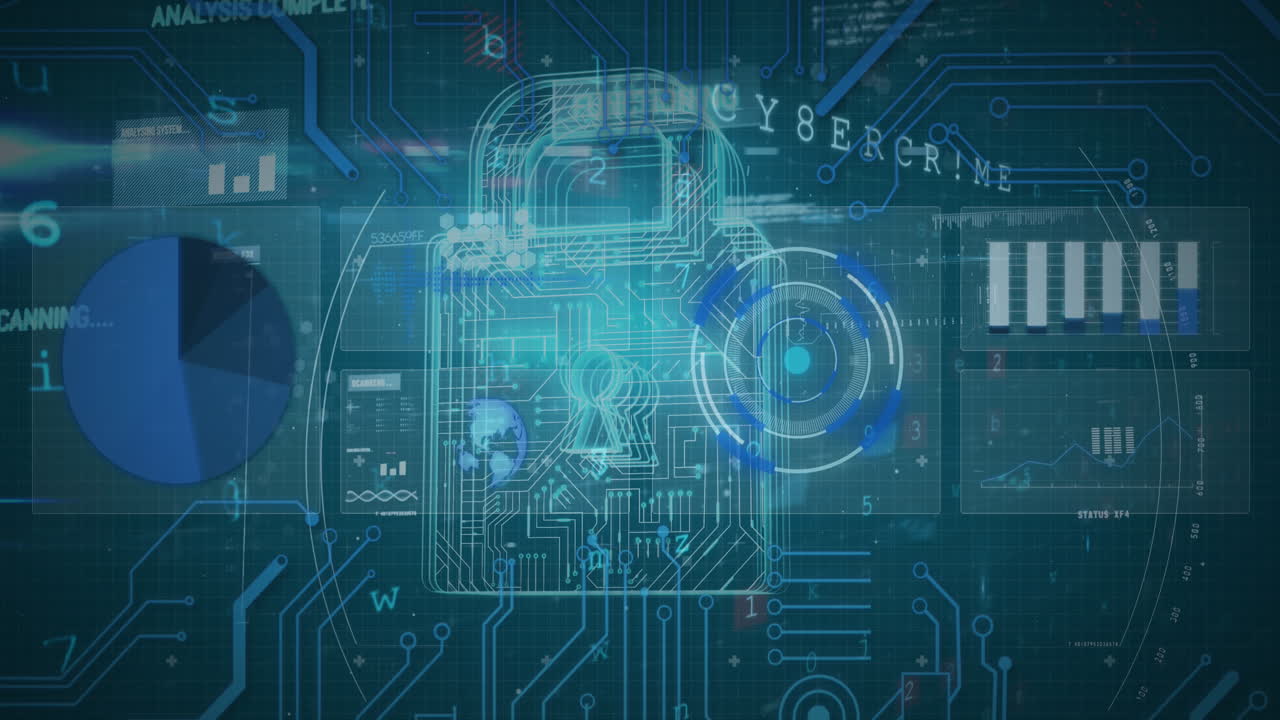 Animation of online security padlock, scope scanning and data processing on blue background