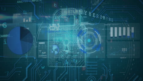 animation of online security padlock, scope scanning and data processing on blue background