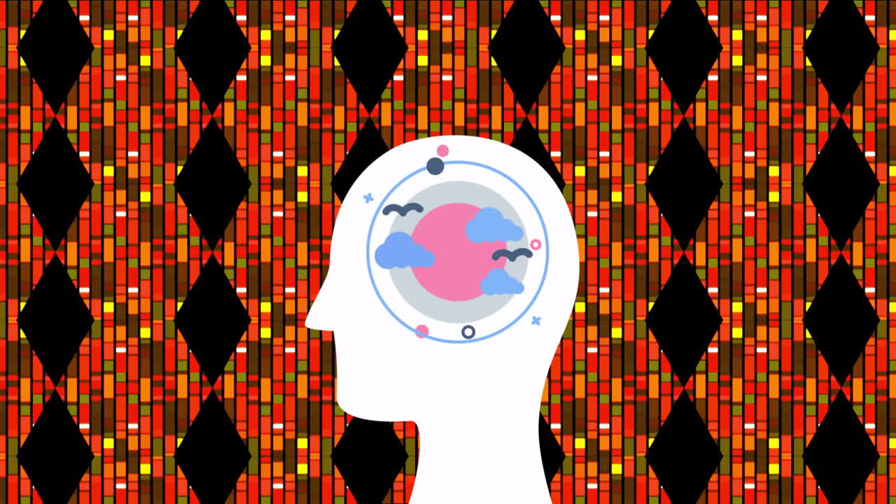 태양, 새, 구름 및 태양을 중심으로 움직이는 행성의 애니메이션, 추상적인 배경 위에 인간의 머리