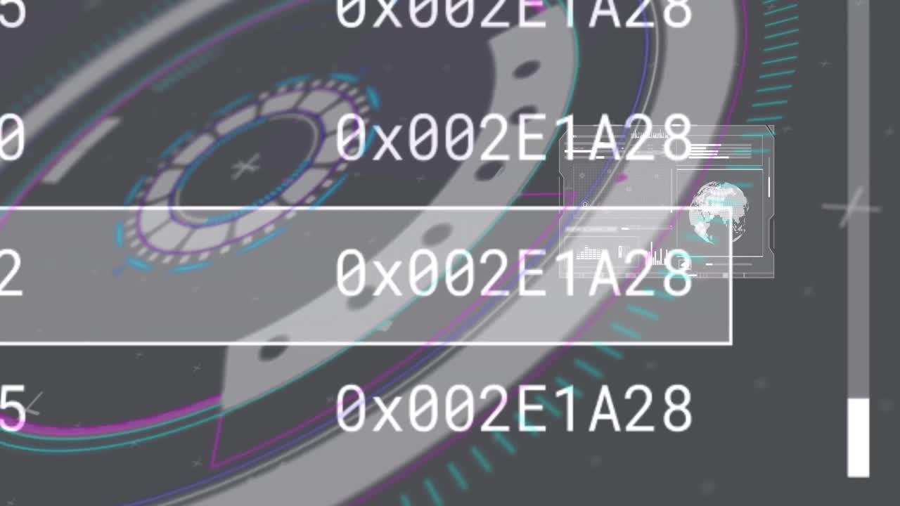 검은색 바탕에 원형 스캐너를 통해 데이터를 처리하는 여러 인터페이스 화면의 애니메이션.