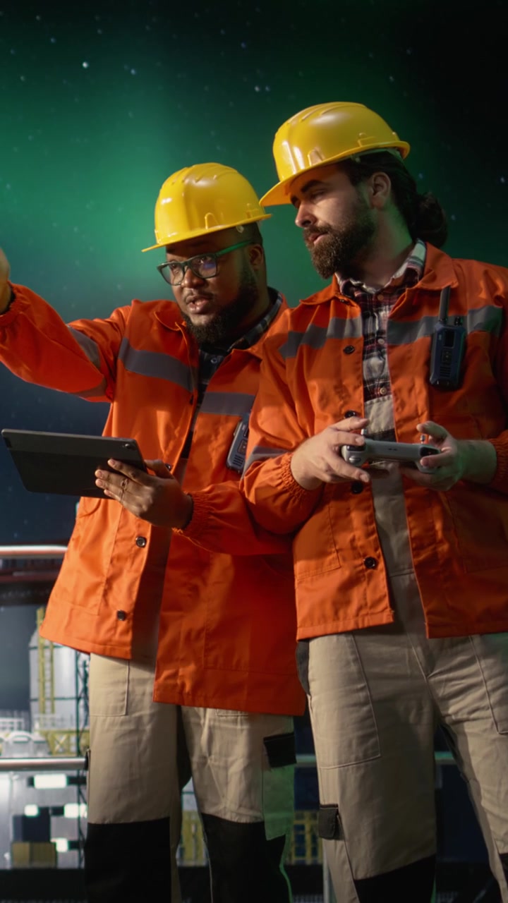 Vertical video Engineer on offshore rig under aurora borealis uses drone to bypass sea blockade