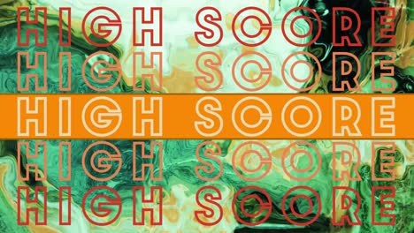 Animation-of-orange-text-high-score,-repeated-over-swirling-green-and-white-background