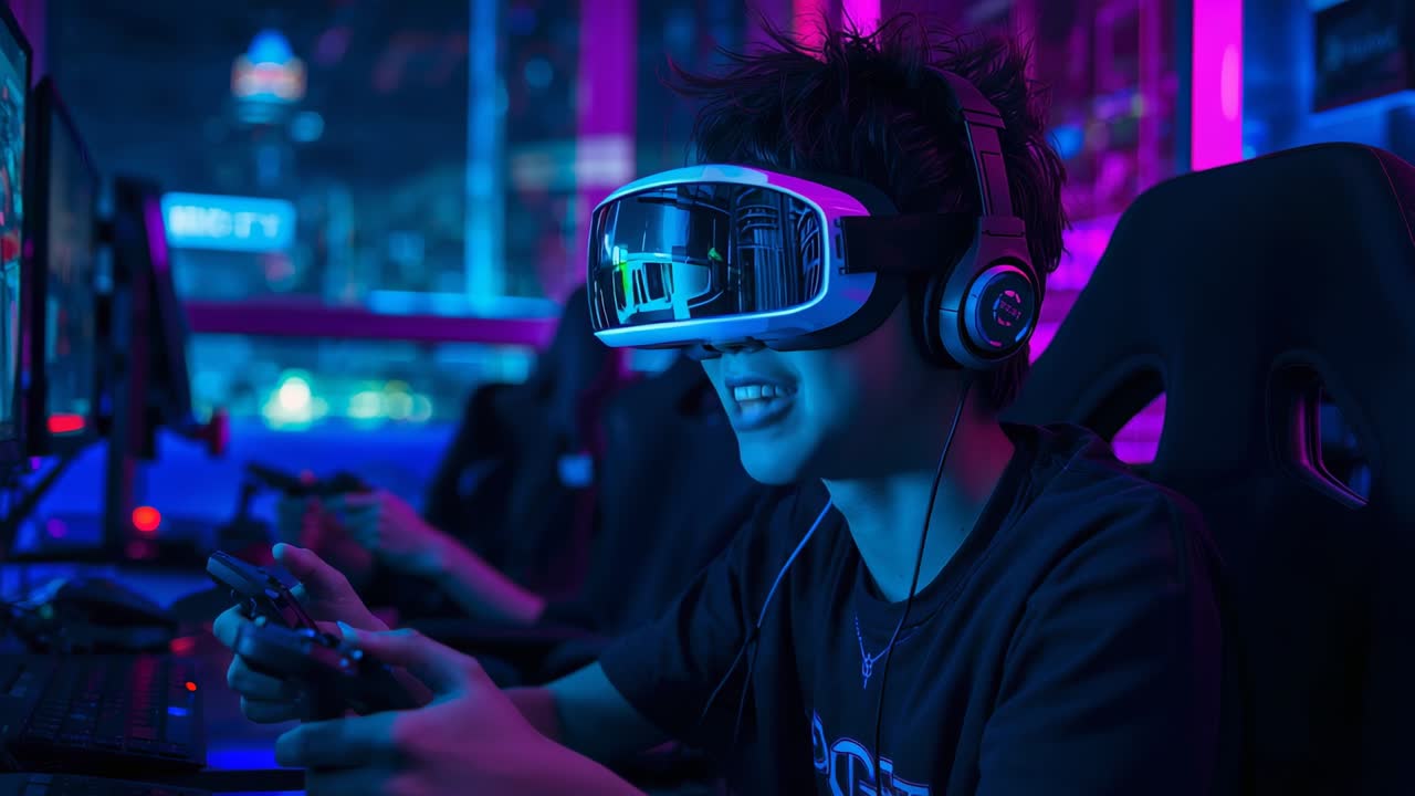 Reacting to onscreen event Asian gamer black tee pressing controller visor and headset at neon hub