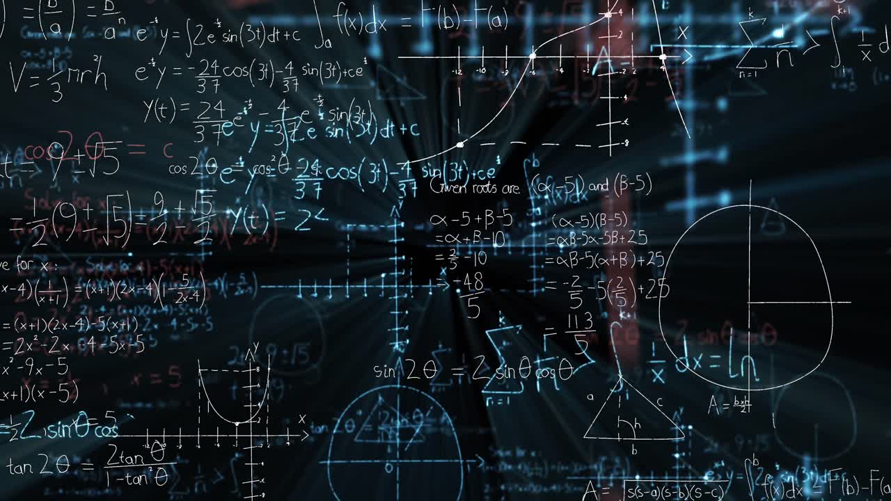 Mathematical equations and diagrams floating against black background
