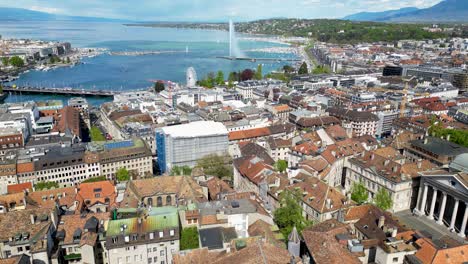 Drone-footage-over-the-central-city-and-lake-area-of-Geneva,-Switzerland