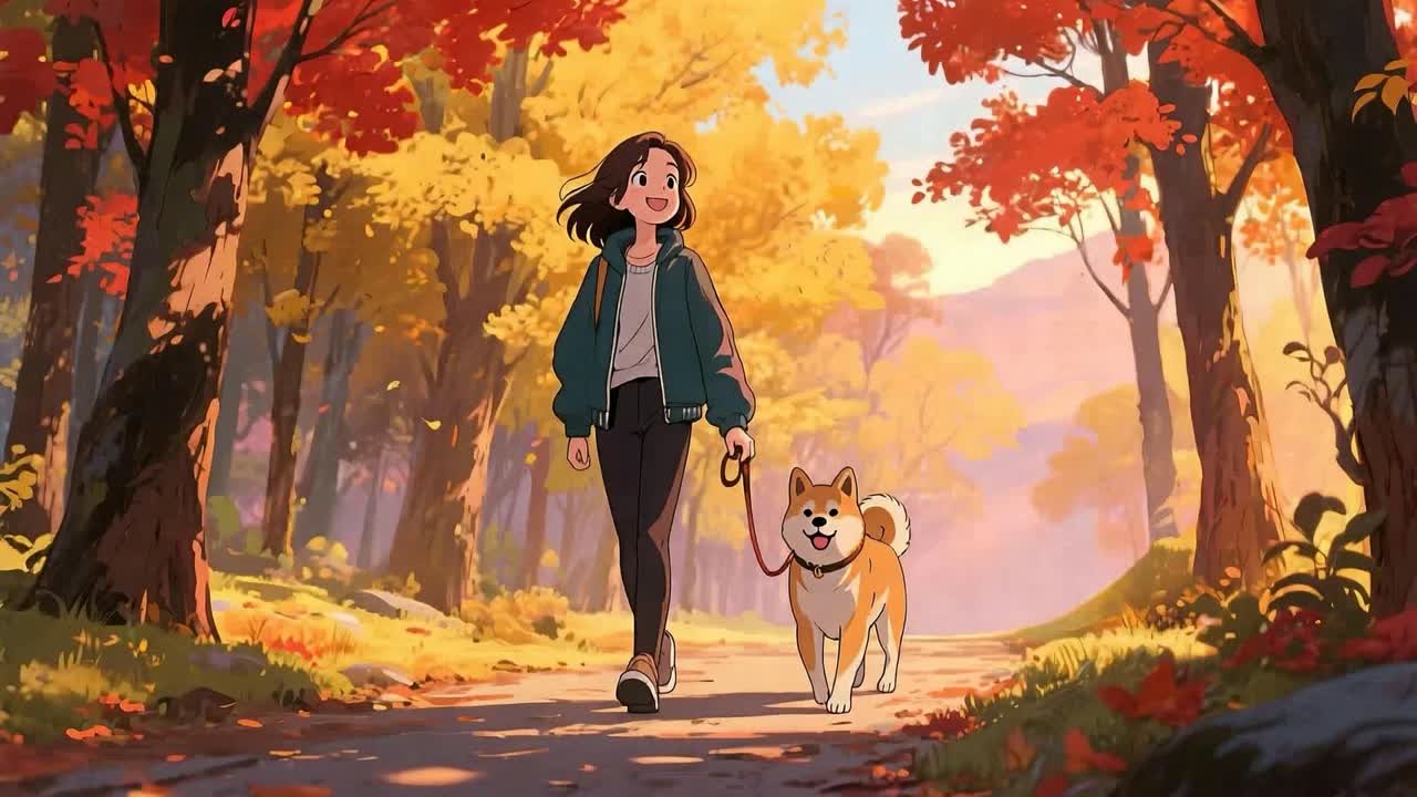 Girl walking her dog outdoors