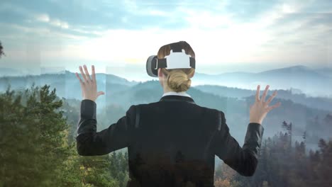 Woman-using-VR-and-forest-landscape