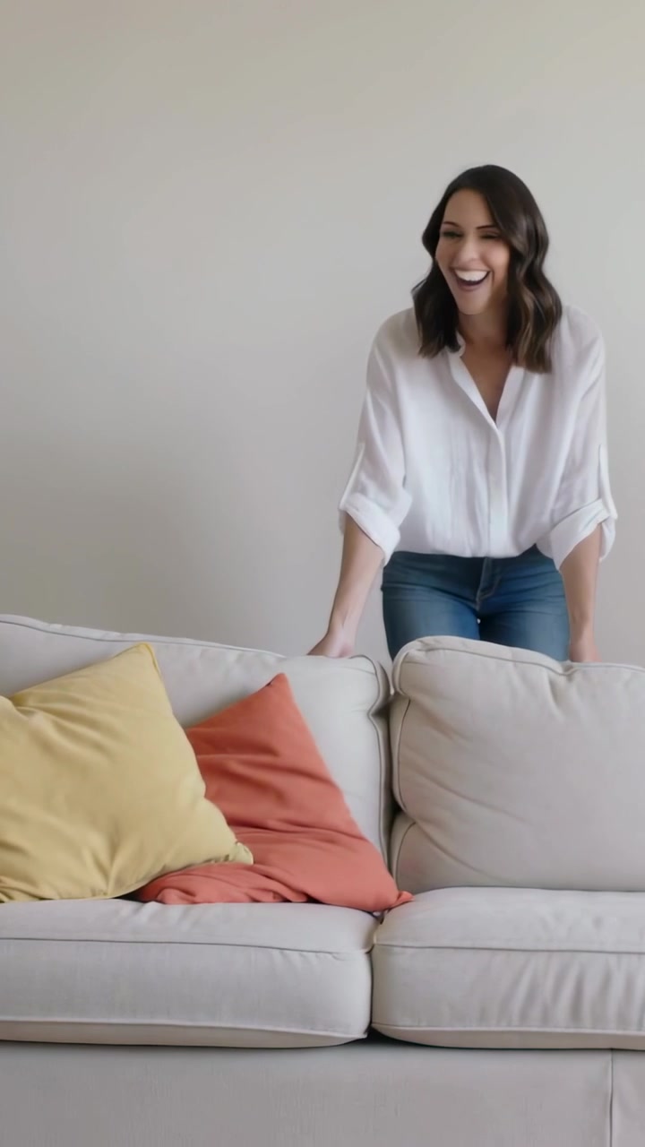 Video verticale: Coppia che si trasferisce, donna in camicetta bianca e jeans che sistema cuscini del divano e guanciali.