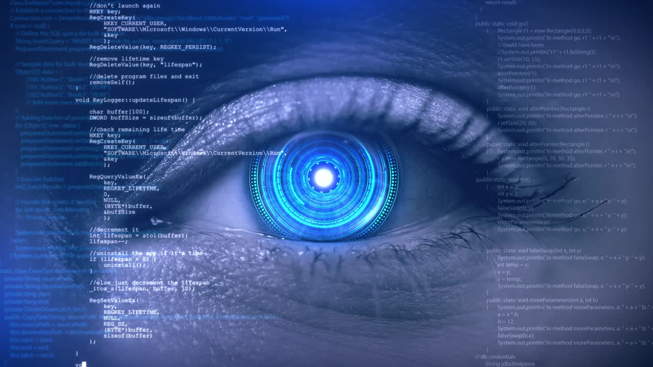 Højteknologisk cyberøje, spionteknologi, hologram, virtuelt øje, internetkontrol, overvågning, digital.