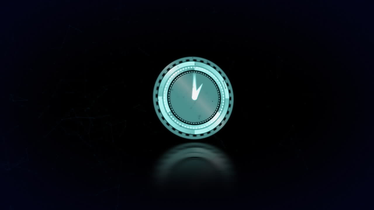 Animation of rotating blue clock with fast moving hands on black background