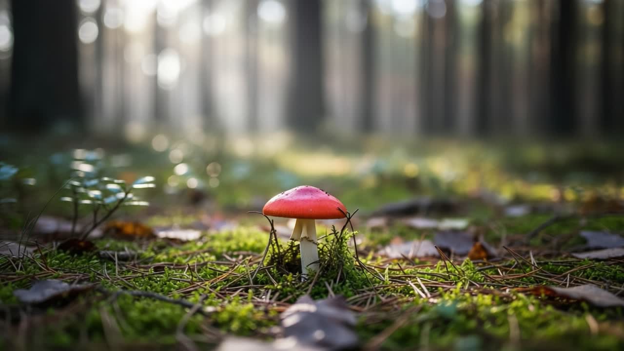 A Captivating View of an Enigmatic Mushroom Blooming Amidst a Tranquil Forest, Radiating Enchantment and Natural Beauty in the Soft Morning Light