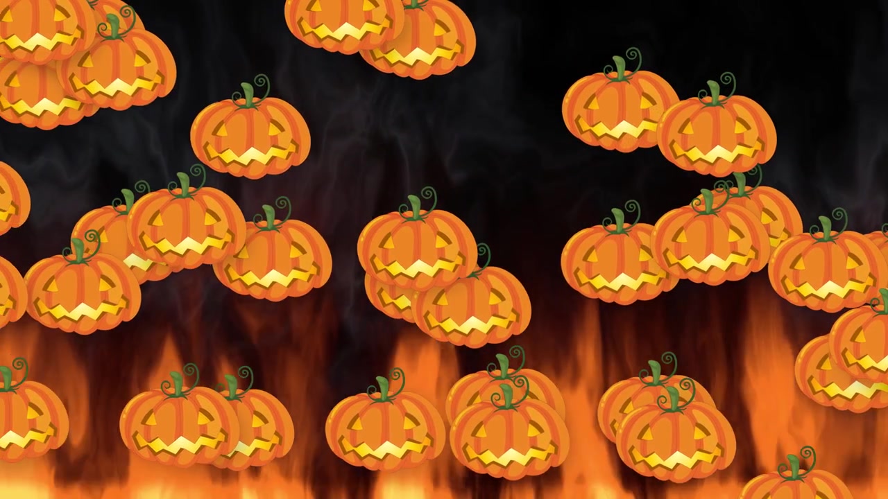 Cartoon pumpkins fall against a dark background with realistic flames and rising smoke effects.