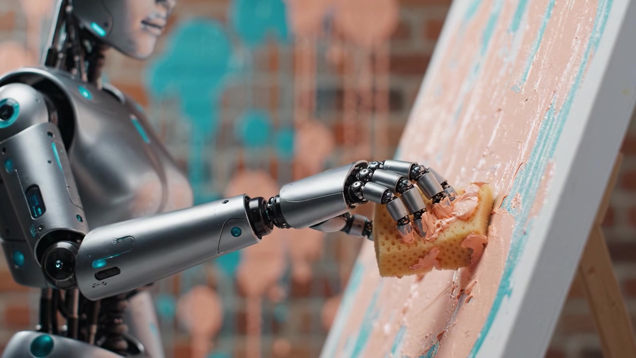 A futuristic robot artist using a sponge to paint on a canvas, showcasing its innovative approach to creativity and expression in a vibrant, artistic environment.