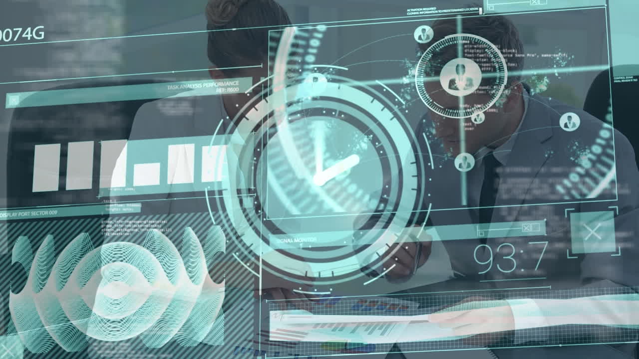 Animation of clock and data processing over business people