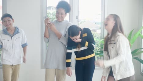 group of student doing activity to teacher with dancing and movement together in the school, back to school, pupils learning exercise with enjoy and laughing, acting and emotion, education concept.