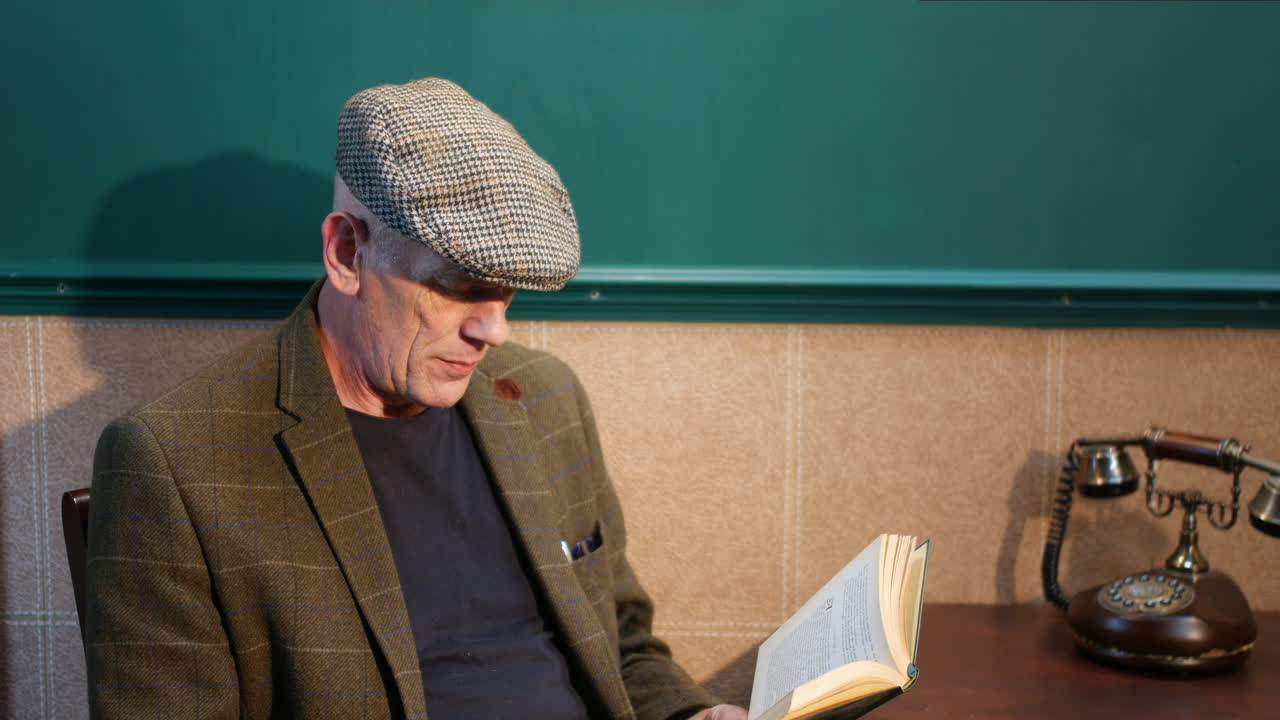 A mature man wearing a flat cap is sitting at a table, reading a book in a quiet, vintage-style room. A classic rotary phone is placed on the table beside him, adding to the nostalgic atmosphere