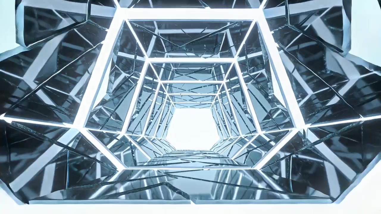 Mouvement de caméra vers l'avant après un départ au chariot, en direction de cadres hexagonaux éclairés, de panneaux miroirs et d'une sortie lumineuse.