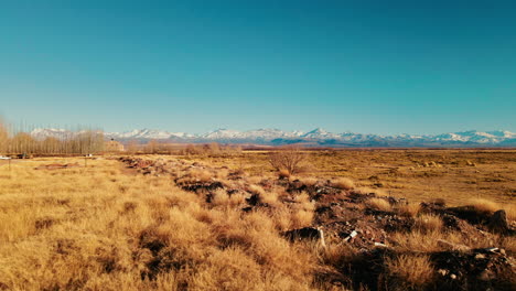 drone advancing over the desert in malargüe, with the imposing snow-capped andes cordillera in the background