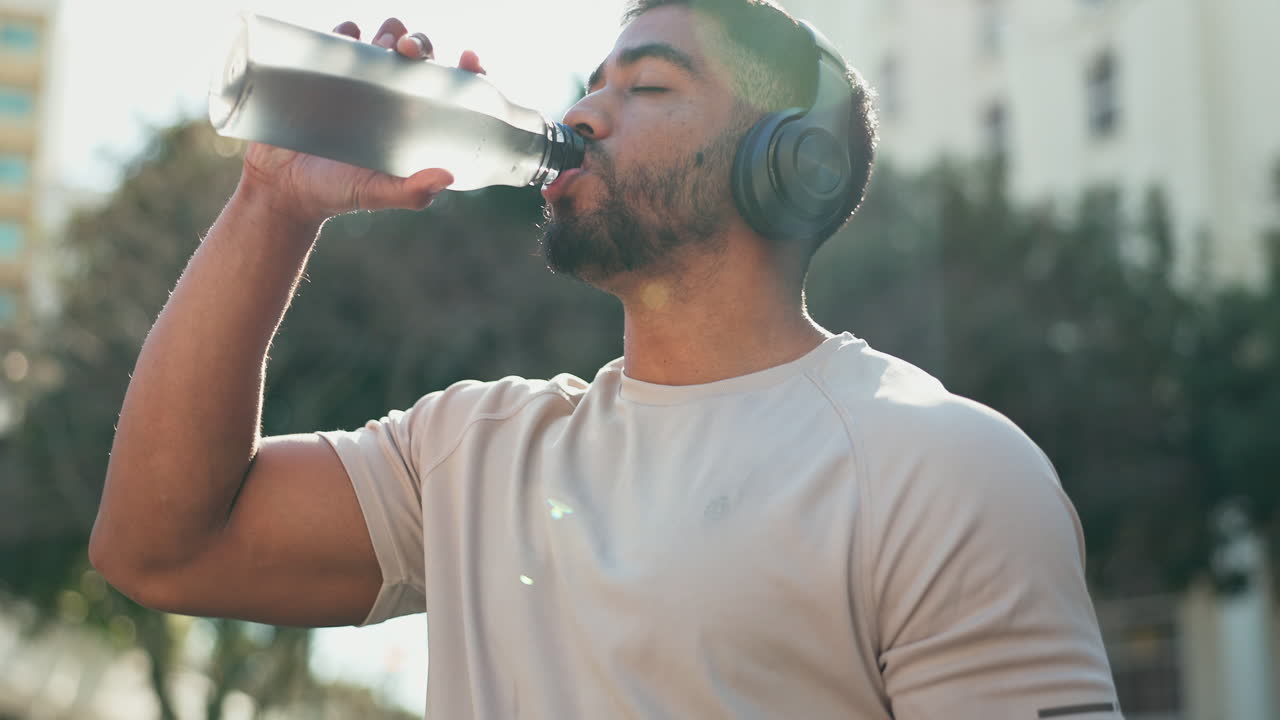 fitness, hombre y agua potable con auriculares