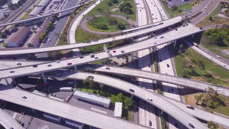 an excellent aerial over a vast freeway interchange near los angeles california