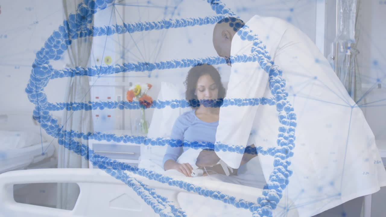 Animation of network of connections and dna strand over african american doctor and patient