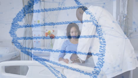 animation of network of connections and dna strand over african american doctor and patient