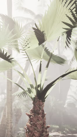 a palm tree in a foggy jungle