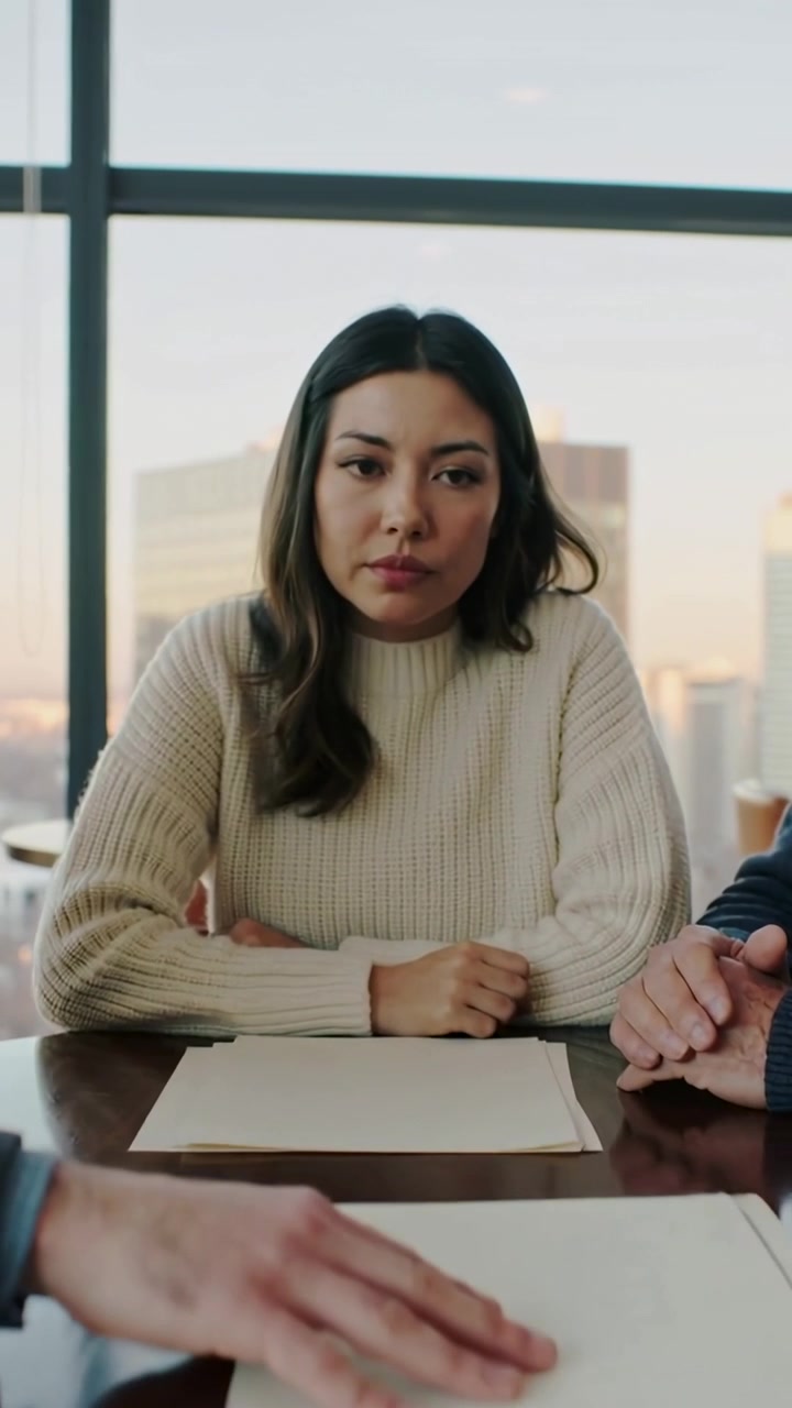 Vertical video: Pushing left hand moving manila folder on table in room, cream-knit woman reviewing