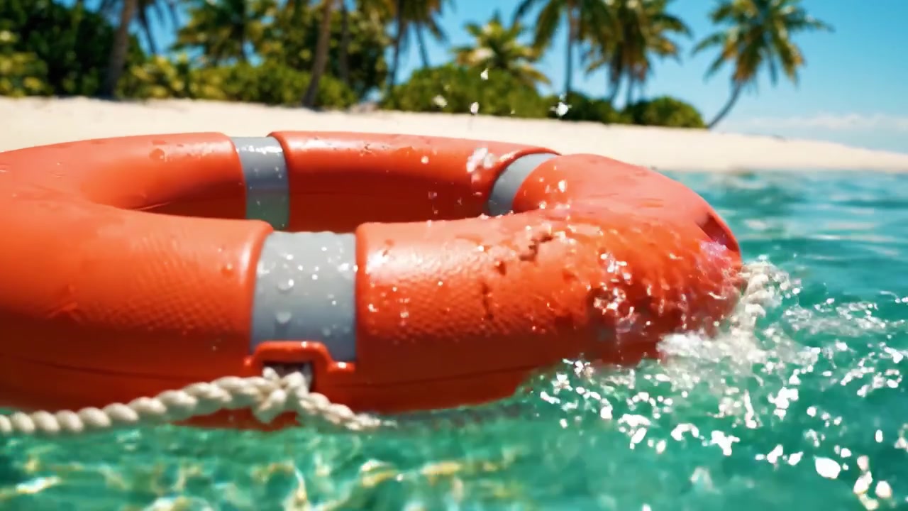 A Vibrant Lifebuoy Floating in Crystal Clear Tropical Waters Surrounded by Palm Trees on a Sunny Beach, Evoking a Sense of Safety and Serenity in Paradise